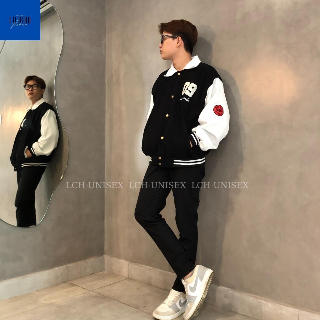 Áo khoác bomber nam nữ vải nhung thêu 2 lớp mềm mịn Jacket varsity unisex form rộng LCH
