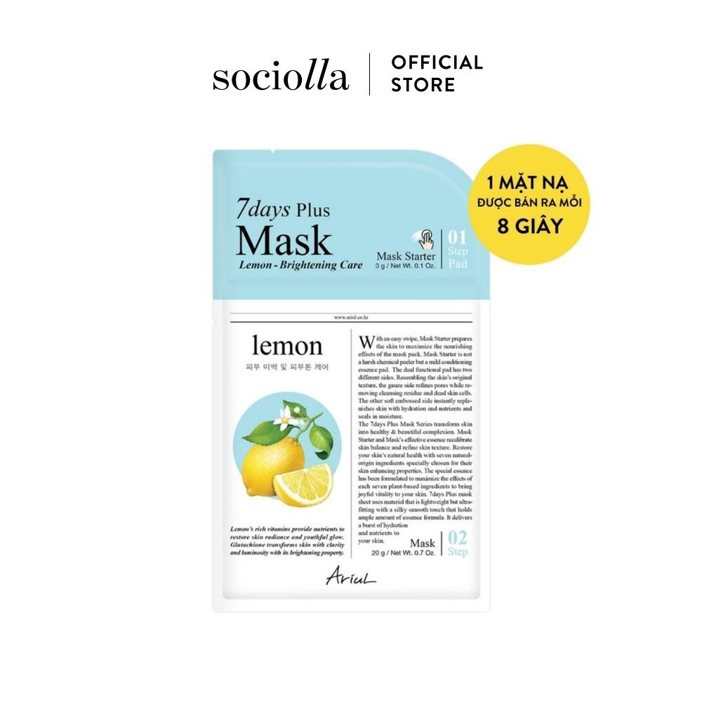 Mặt Nạ Mờ Thâm &amp; Sáng Da Chiết Xuất Chanh Vàng Ariul 7 Days Plus Mask Lemon 20 gr