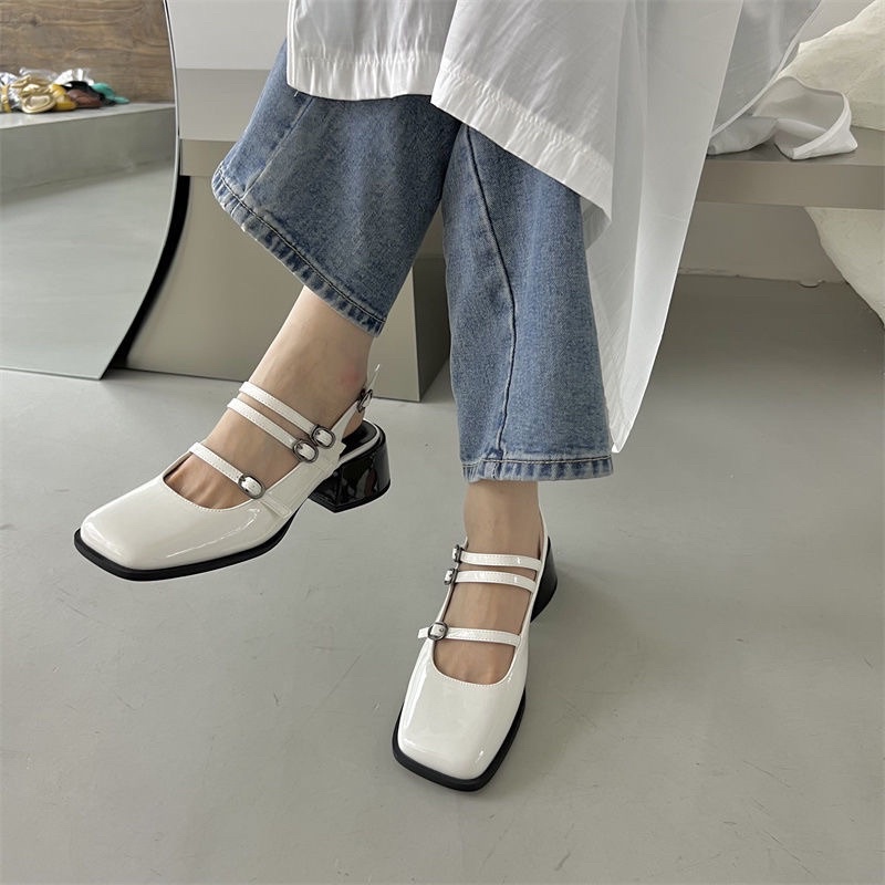 Giày cao gót Mary Jane da bóng đầu vuông phong cách ngọt ngào cổ tích với thiết kế dây đeo