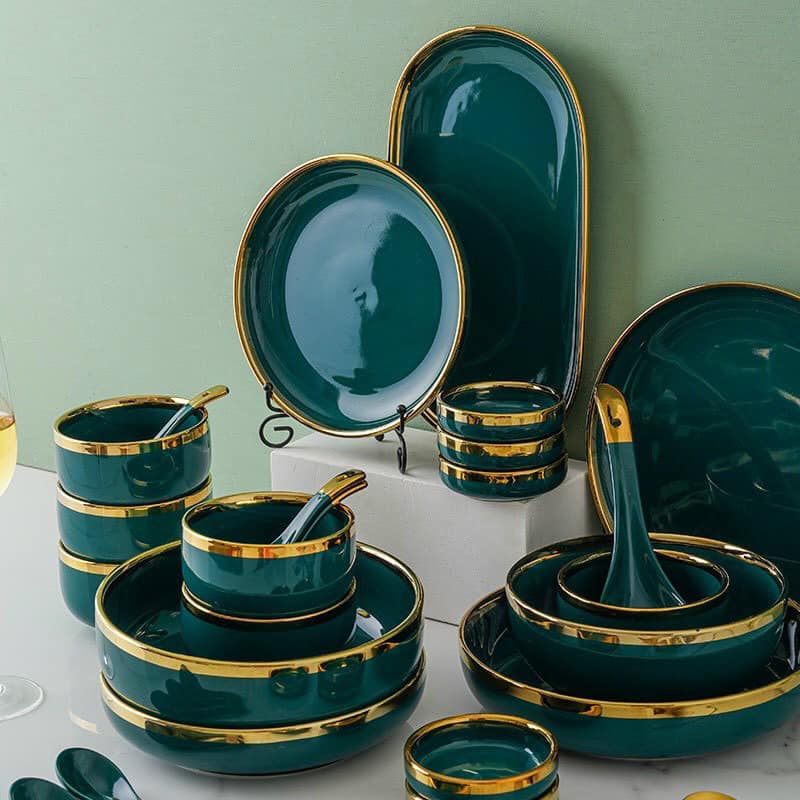 Bộ bát đĩa sứ 26 món men cao cấp viền vàng - Xanh ngọc và xanh lục - Gia Dụng Đức Minh . Decor Đức Minh