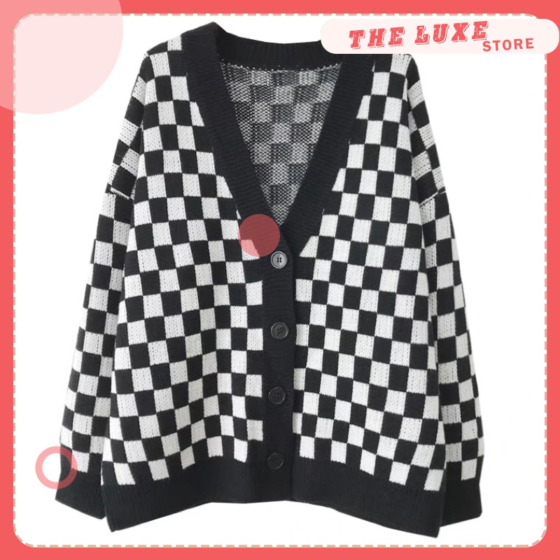 Áo cardigan len họa tiết sọc caro, Áo khoác len nữ thu đông form rộng 100% được may từ len mềm mịn phối màu đen trắng | BigBuy360 - bigbuy360.vn