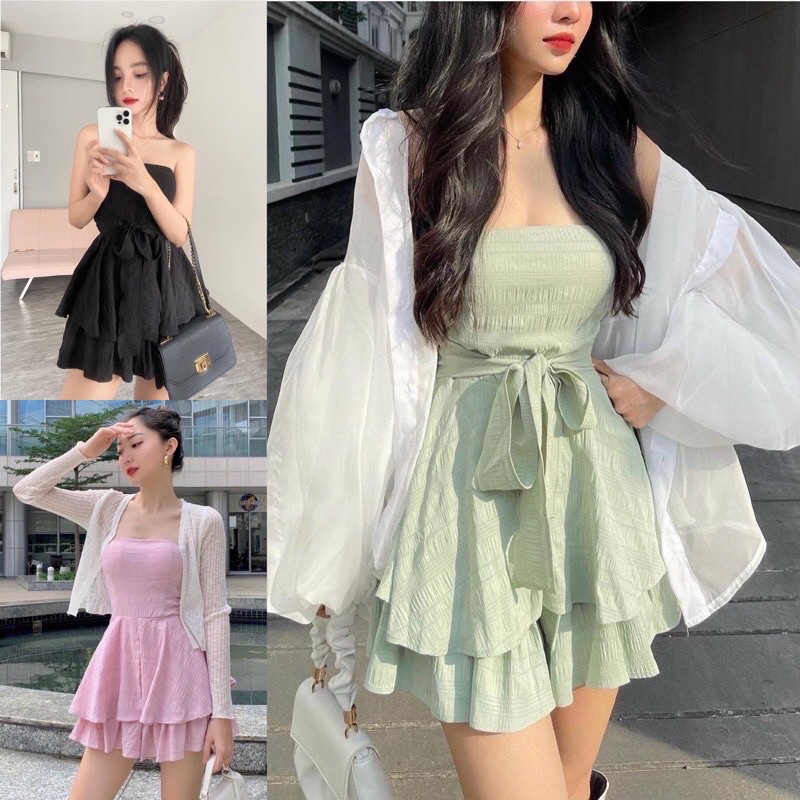 Set đầm cúp xanh mint- đen- hồng + áo khoác trắng