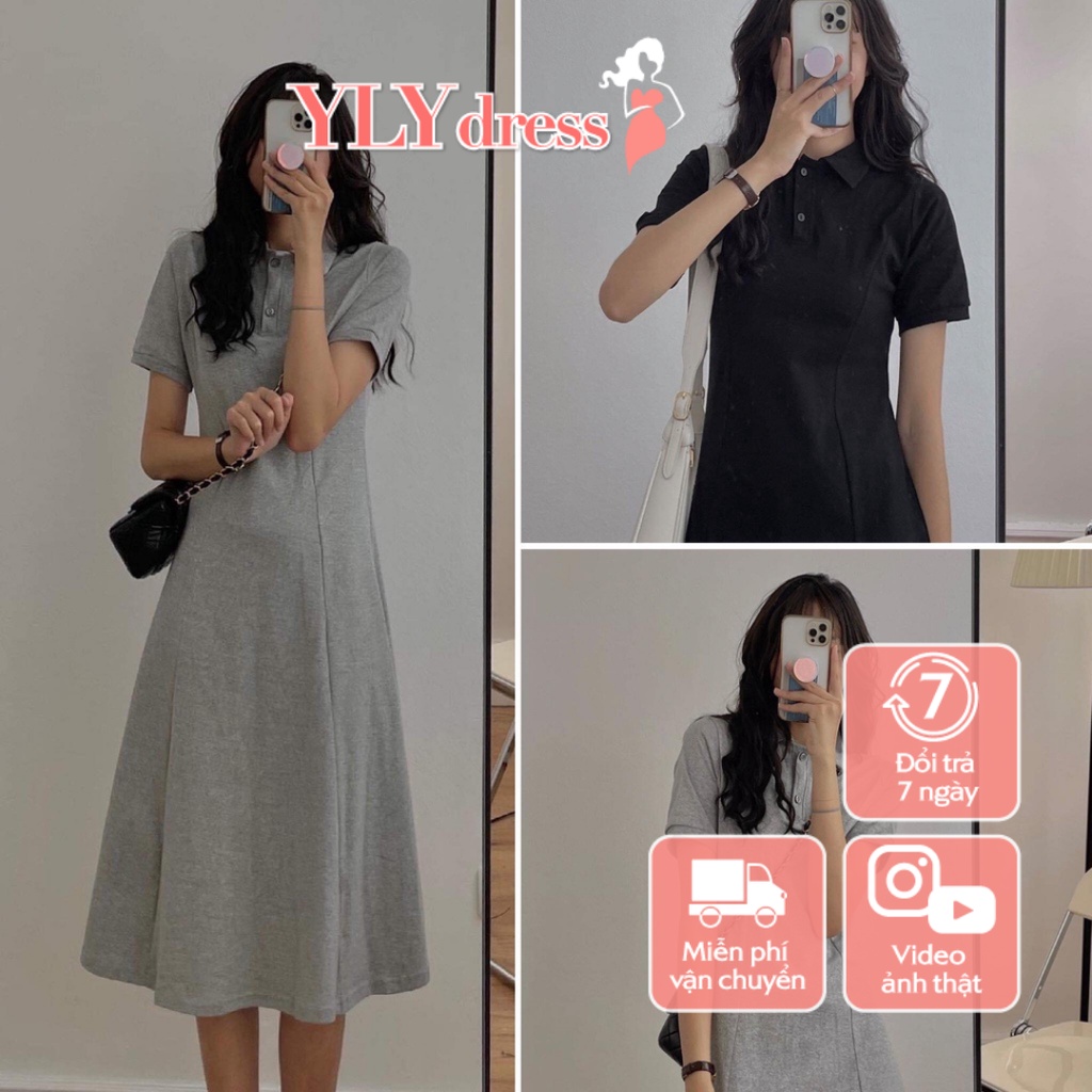 Váy đầm nữ dài cổ polo dáng xòe freesize đen ghi tay ngắn form rộng thun co giãn nữ tính hàn quốc ylydress C454