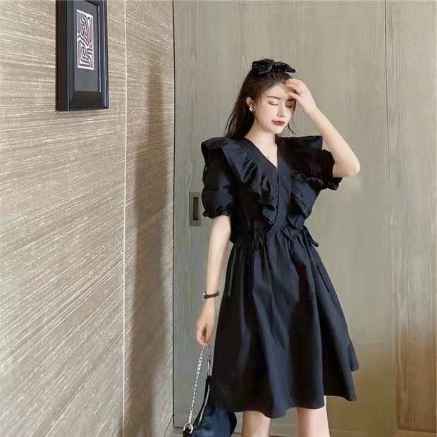 Đầm tay phồng dáng chữ A màu đen phong cách Pháp thời trang năng động trẻ trung