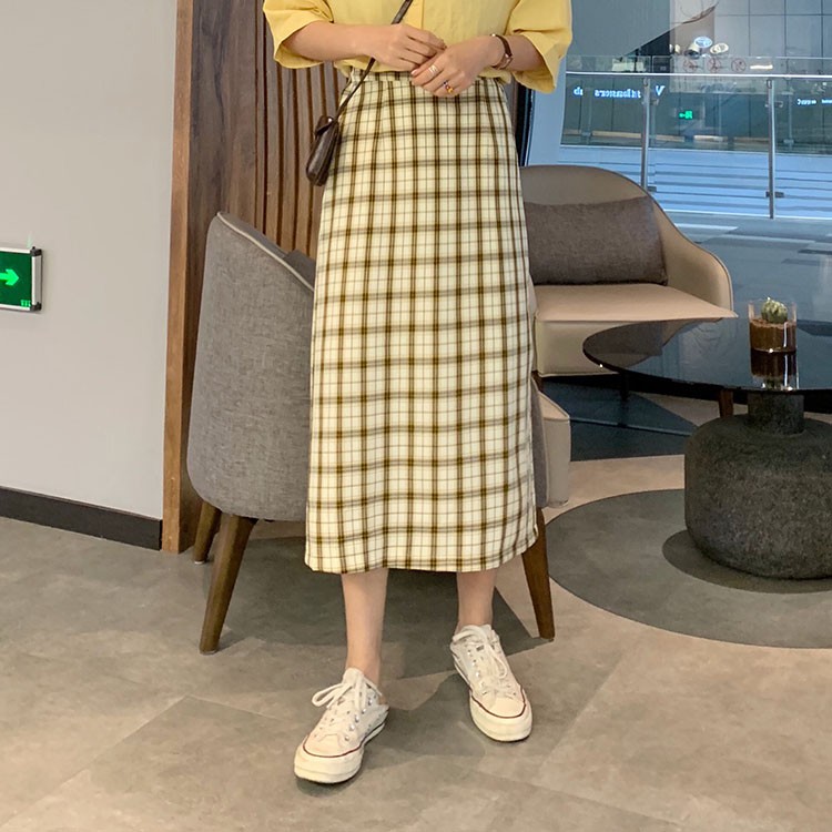 SUXI Chân Váy Chữ A Lưng Cao Họa Tiết Kẻ Sọc Phong Cách Hàn Quốc