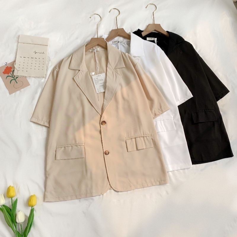 Áo Blazer - Vest cộc tay dáng thụng Hàn Quốc Vintage 2 cúc - SHOP THƠM PHẠM