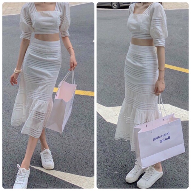 SET ÁO CROP CỒ VUÔNG CHÂN VÁY ĐUÔI CÁ (KÈM HÌNH THẬT)