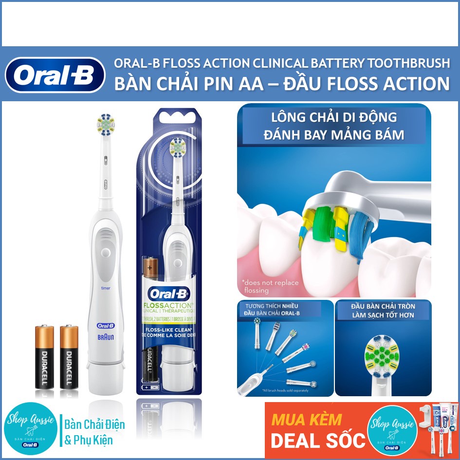 Bàn Chải Tự Động Oral-B FlossAction Clinical - Màu Trắng, Dùng Pin AA, Hẹn Giờ 2-Phút, Bàn Chải Điện Oral B