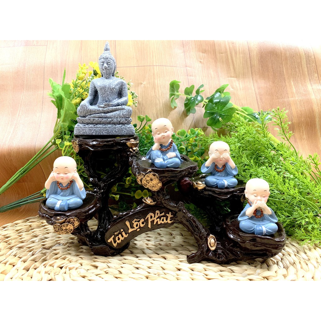 Full Set Phật Thái cùng các chú tiểu Tứ Không Đeo Chuổi Hạt tọa đế Tài Lộc Phát