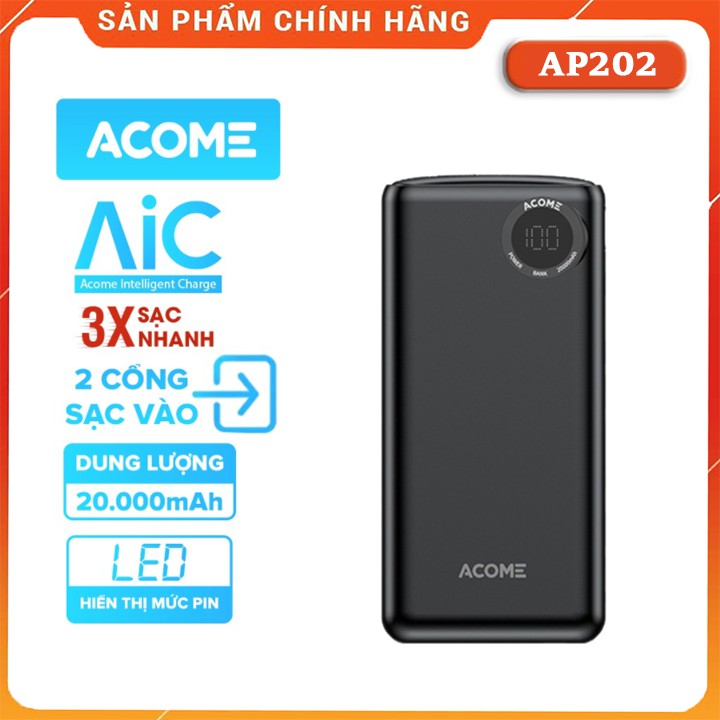 Pin Sạc Dự Phòng Nhỏ Gọn Tiện Lợi ACOME AP202 20000mAh Sạc Nhanh Đèn LED Hiển Thị Pin