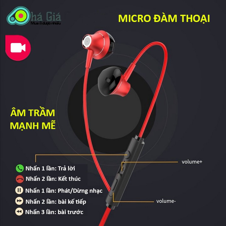 Tai nghe nhét tai điện thoại 3.5mm chống ồn tiện dụng, nhét tai kết nối dây có mic phong cách Thể Thao Siêu Trầm