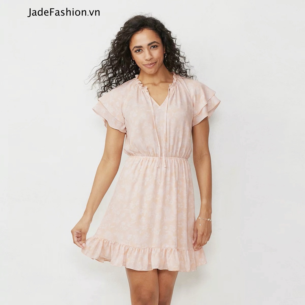 Đầm voan ngắn dáng xoè cổ V in hoa nhí màu hồng Women's Ruffle Sleeve Fit & Flare Dress jf417