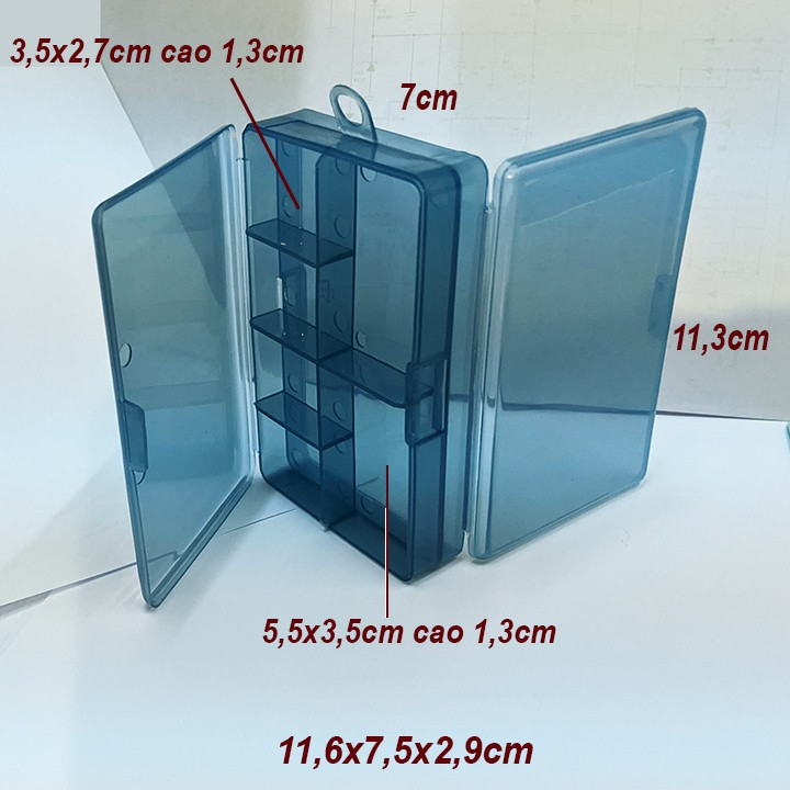 Hộp nhựa nhỏ nhiều ngăn, hộp thuốc 2 mặt với tổng cộng 7 ngăn và 2 nắp ở 2 mặt. 11,6x7,5cm cao 2,9cm. L410.