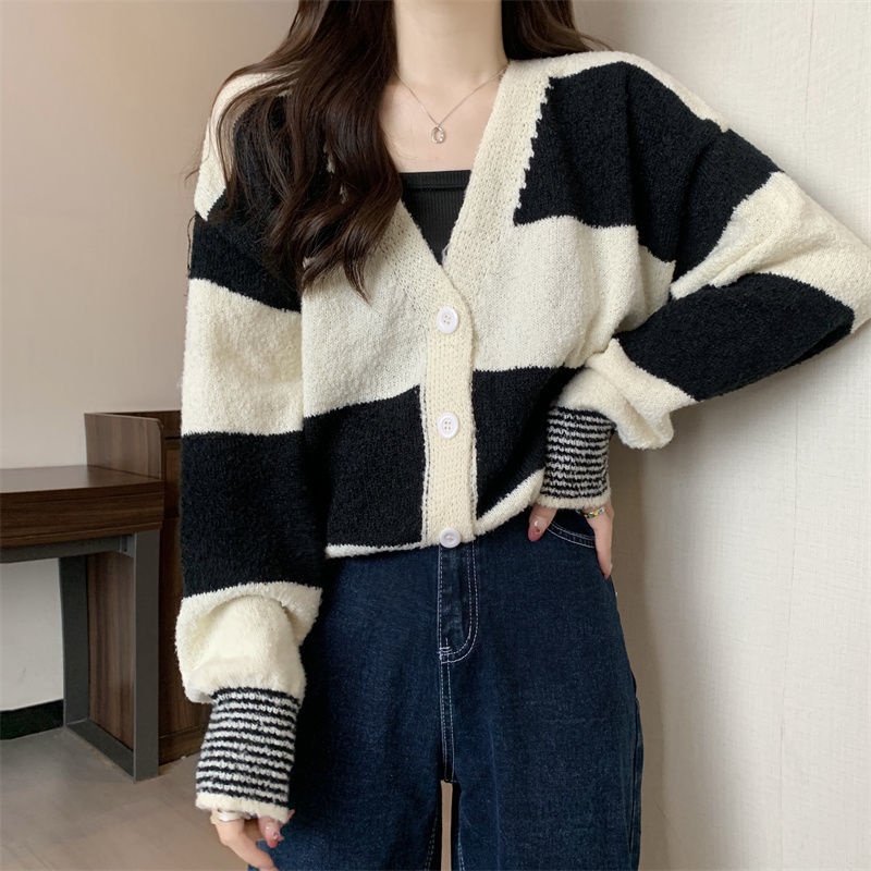 Áo Khoác Len Cardigan Mềm Mại Dáng Rộng Họa Tiết Kẻ Sọc Thời Trang Mùa Thu Cho Nữ