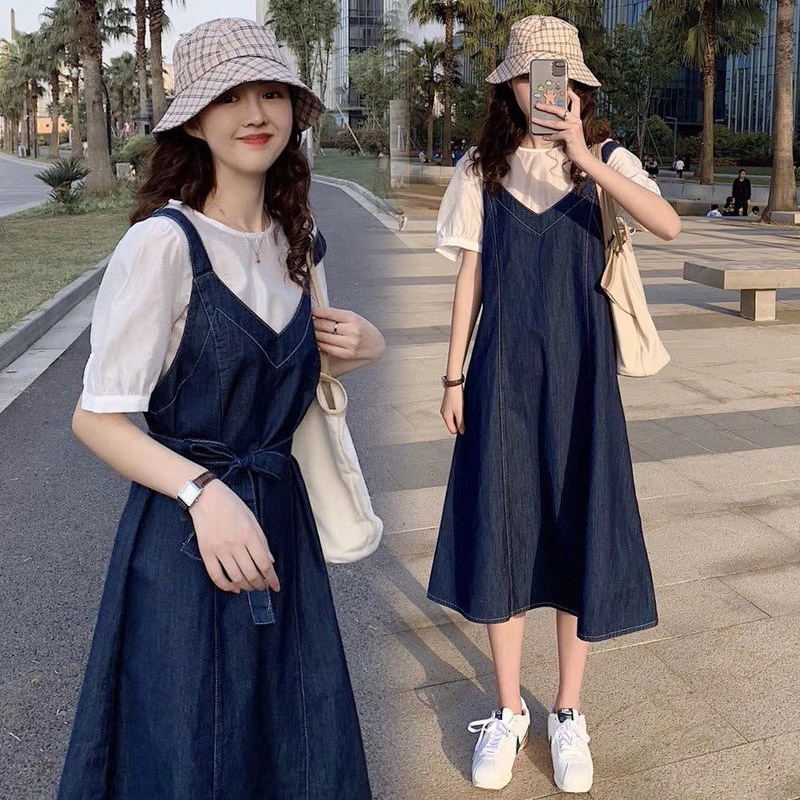 Set Áo Thun Ngắn Tay Cổ Tròn + Chân Váy Yếm Denim Plus Size Thời Trang Nữ