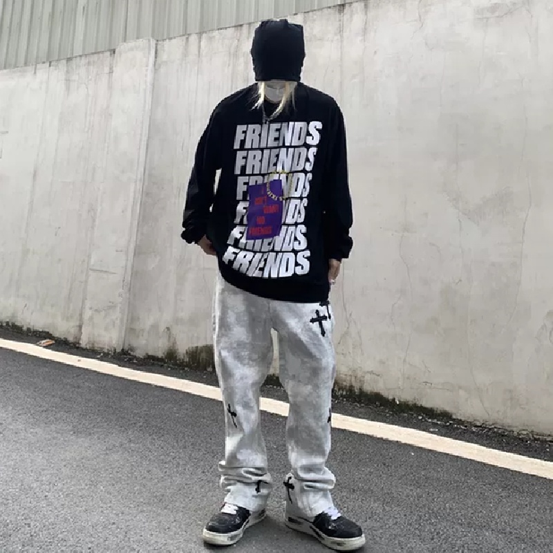 Áo thun tay dài dáng rộng in chữ phong cách Hàn Quốc thời trang cho nam size M-5XL