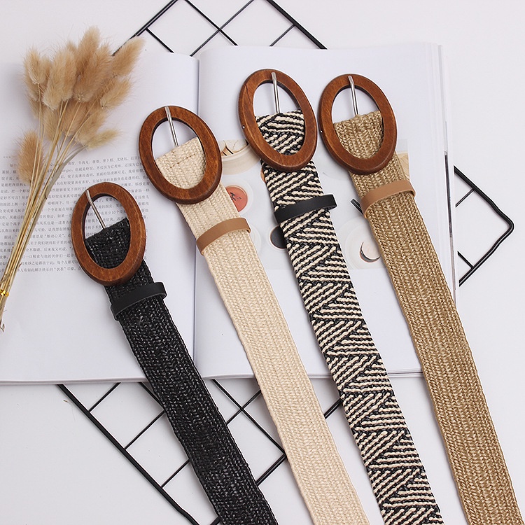 Thắt Lưng Bện Dây Co Giãn Phối Khóa Gỗ Phong Cách Bohemian Thời Trang Đi Biển Cho Nữ