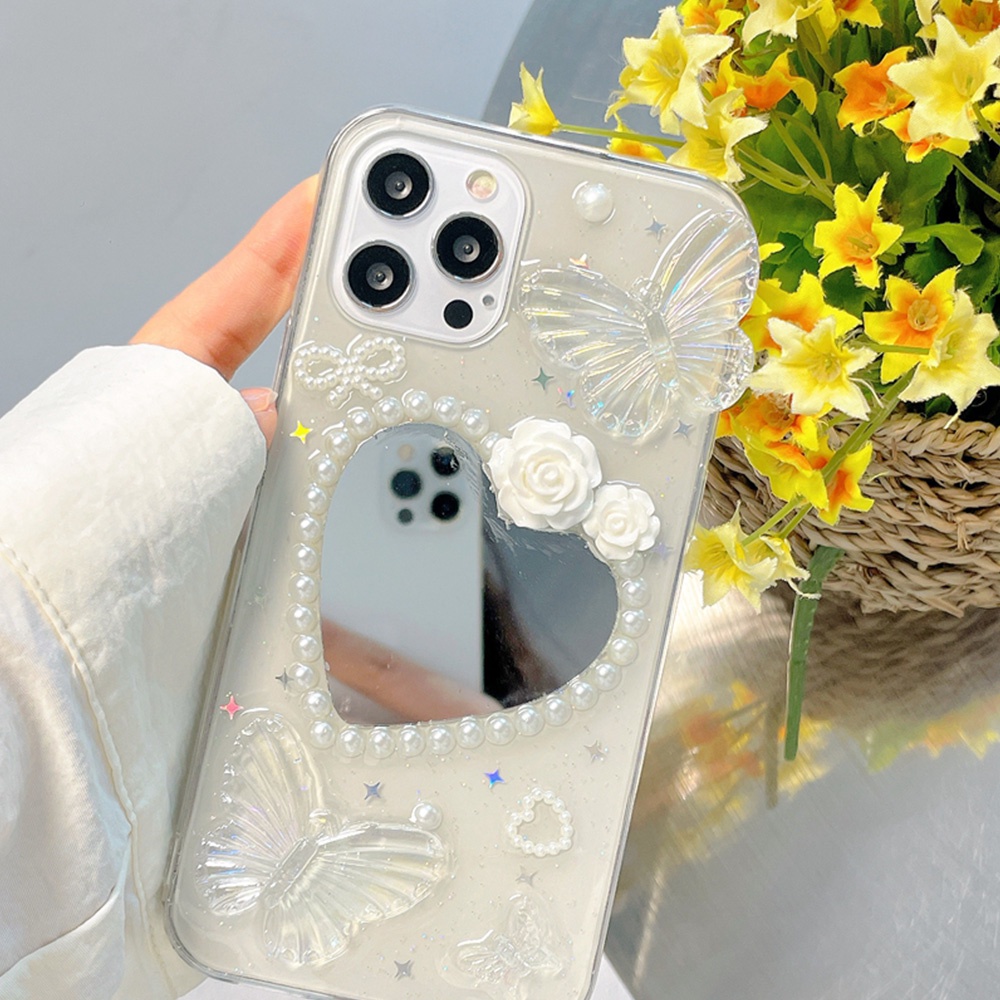 Ốp Điện Thoại TPU Mềm Tích Hợp Gương Trang Điểm Hình Hoa Và Bướm Dành Cho IPhone 14 13 12 11 Pro Max XS XR 8 7 Plus
