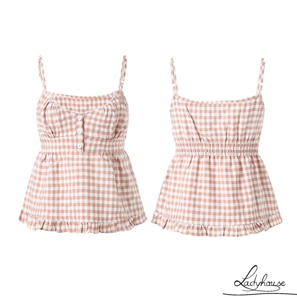 Áo Yếm Hai Dây Cổ Chữ V Sâu Màu Trơn / Sọc Caro Thời Trang Mùa Hè Cho Nữ