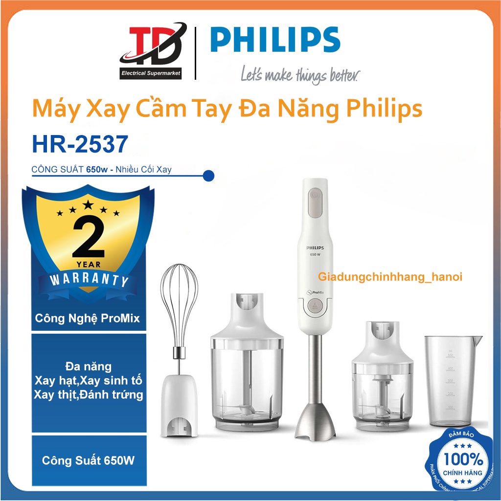 Máy Xay Sinh Tố Cầm Tay Đa Năng Philips HR2537, Công Suất 650W, Xay hạt, sinh tố, thịt, Đánh trứng, Bảo Hành 24 Tháng