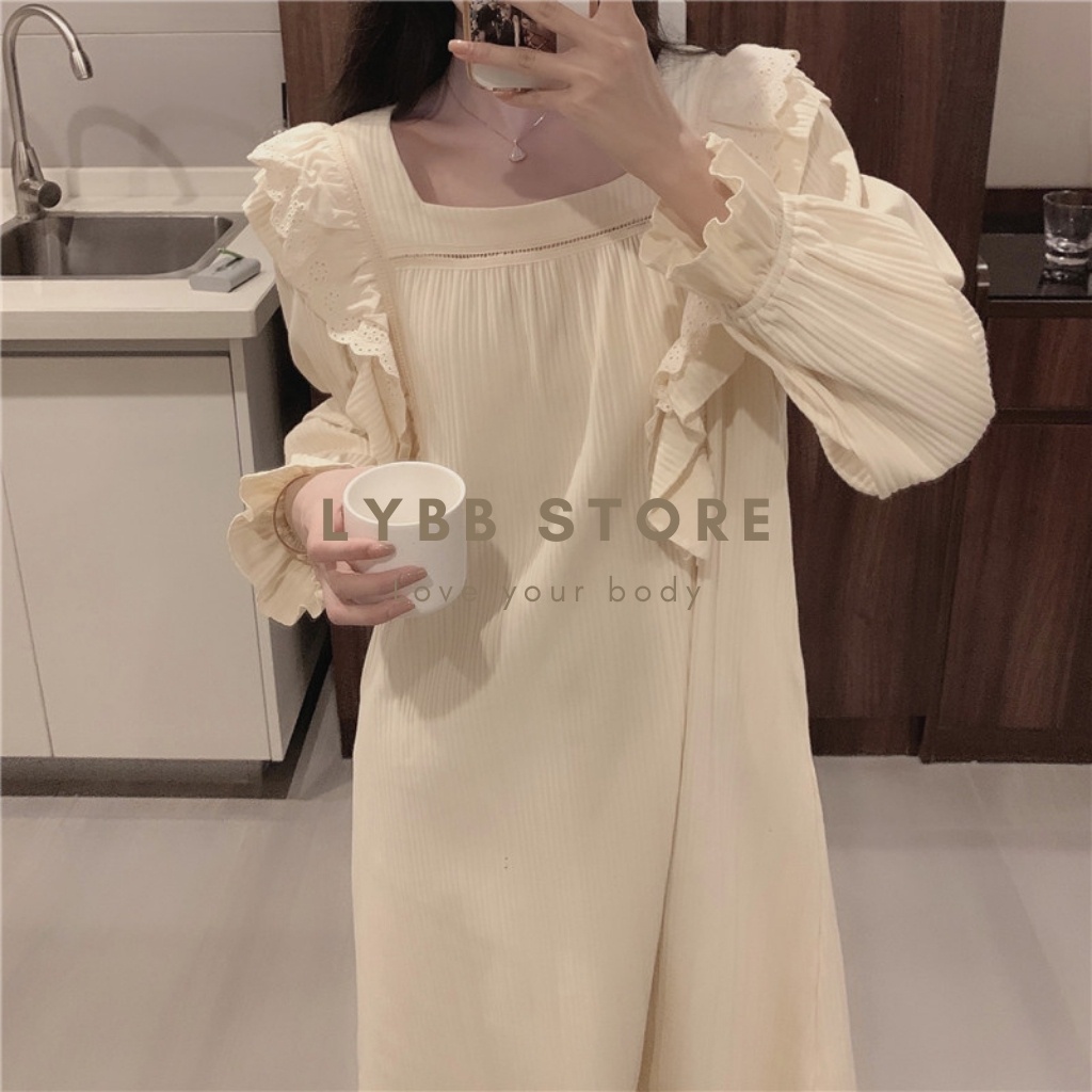 Váy ngủ công chúa chất liệu cotton dáng dài vai bèo siêu xinh, váy babydoll, đồ ngủ thu đông, đồ mặc nhà đẹp