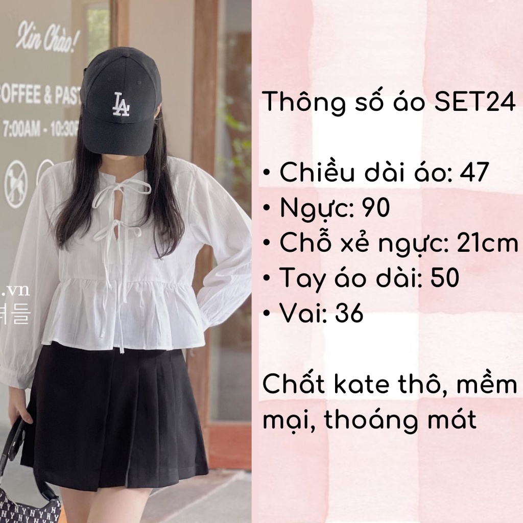 Áo babydoll buộc dây dáng ngắn, áo sơ mi dài tay croptop vạt xòe - SET24