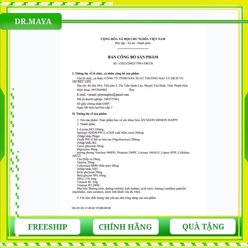 Siro ăn ngon Minion Happy Dr.Maya hỗ trợ cải thiện biếng ăn, giúp bé ăn ngon ngủ ngon