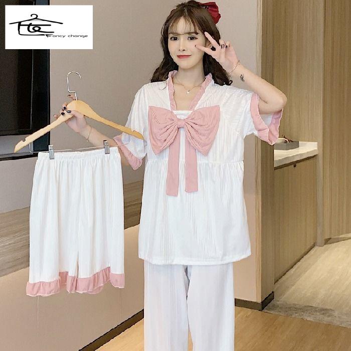 Bộ Đồ Ngủ Pijama Ba Món Dáng Rộng Phong Cách Công Chúa Hàn Quốc Thời Trang Xuân Hè Ngọt Ngào Cho Nữ