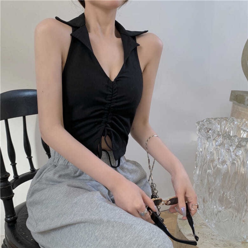 Áo Hai Dây Dáng Ngắn Màu Đen Thời Trang Mùa Hè Quyến Rũ Cho Nữ