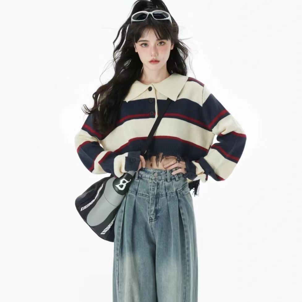 Áo Sweater Dệt Kim Cổ polo Kẻ Sọc Phong Cách Retro Mỹ Thời Trang Mùa Thu Hàn Quốc 2022 Mới Dành Cho Bạn Gái