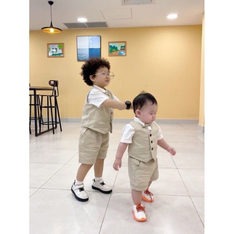 Bộ vest gile yếm set công tử bé trai đầy tháng thôi nôi 5-26kg (mới vải nhung mềm tông pastel)