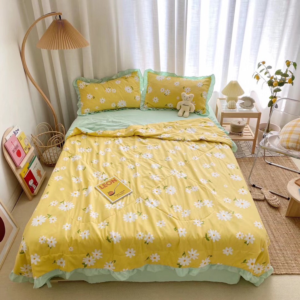 Bộ chăn đũi hè vỏ ga và 2 vỏ gối M2T bedding chăn lót bông thiết kế phối bèo họa tiết đũi cúc vàng