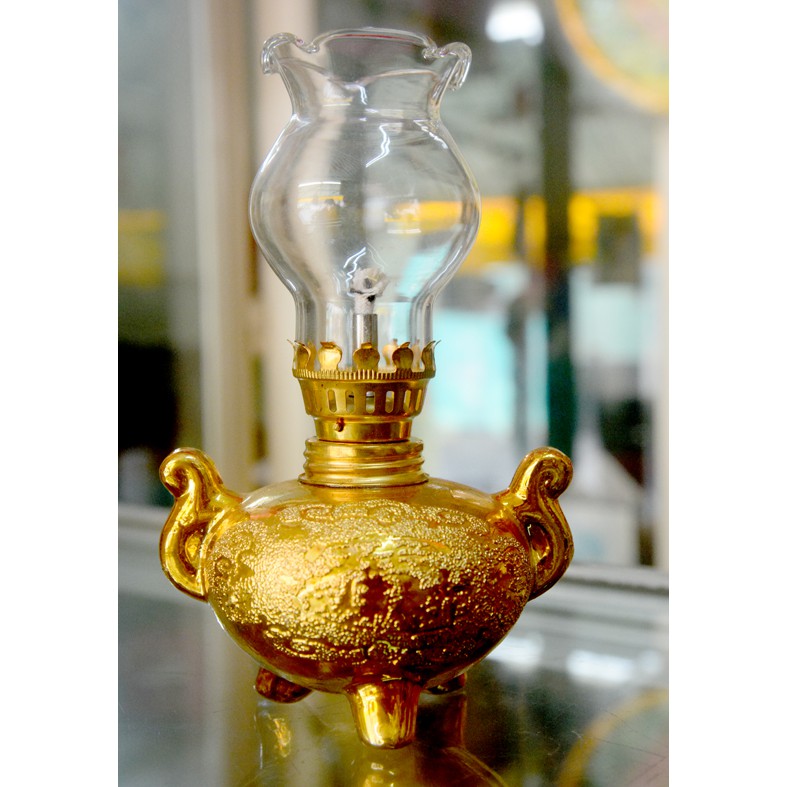 Đèn dầu sứ kim sa vàng cao 16cm