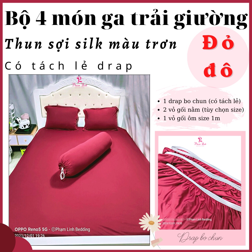 Bộ 4 món Drap-Ga trải giường bo chun vải thun sợi silk màu trơn có size lớn tách lẻ sản phẩm Bộ ga và vỏ gối