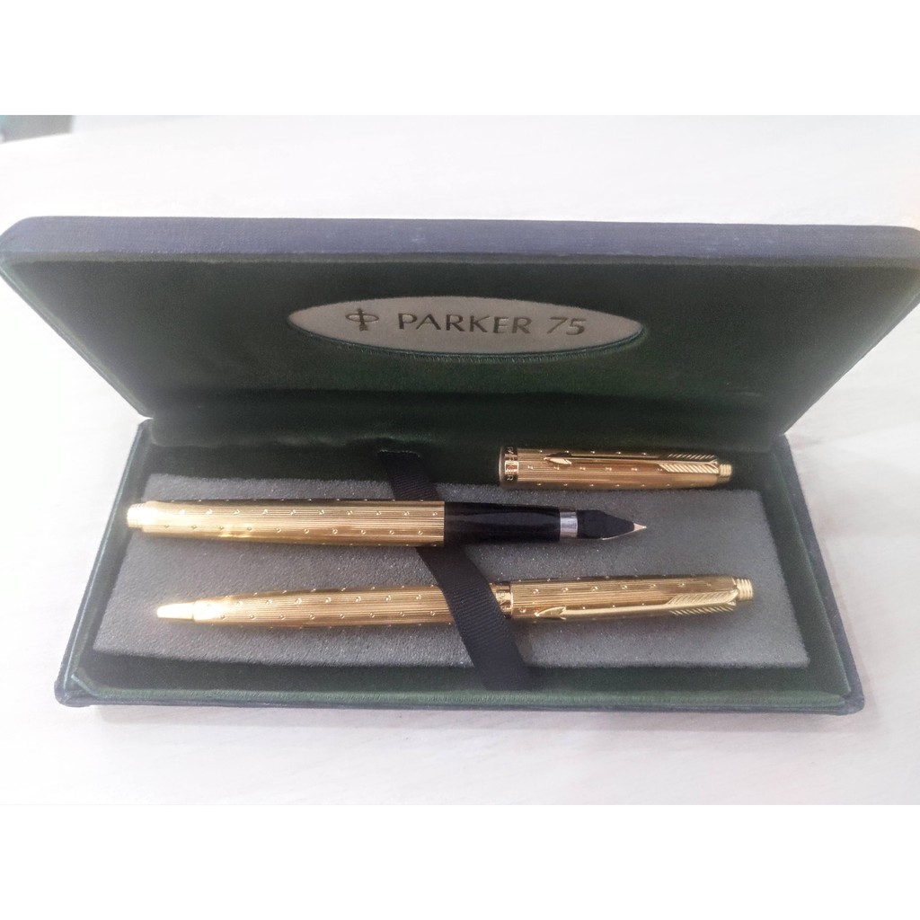 Bộ 2 bút Parker 75 PERLE - Mạ vàng 22K - Bút máy và bút bi - Place Vendome fountain pen &amp; ballpoint pen - Made in France