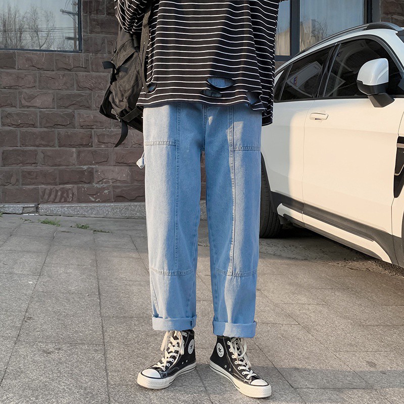 Quần Jean dáng suông rộng, jeans unisex, Quần bò dáng đứng phối dây cá tính, phá cách