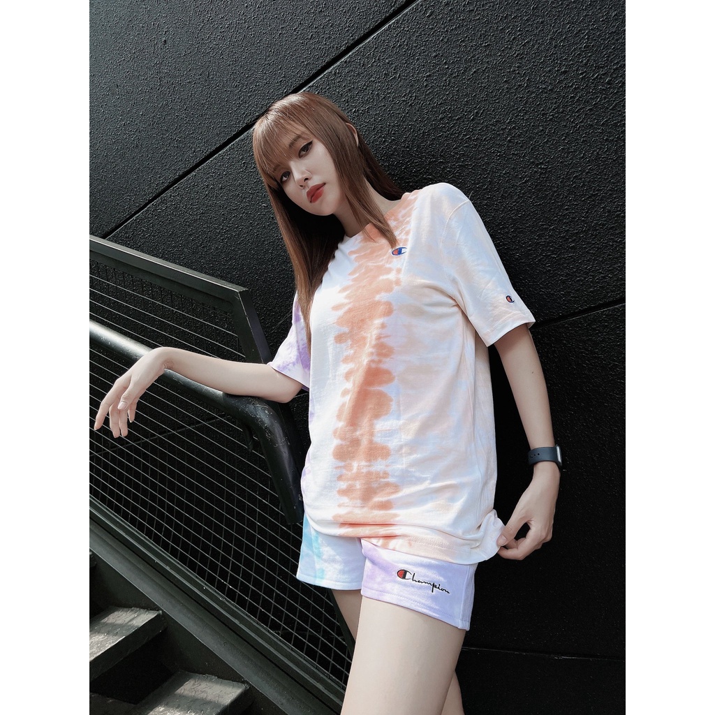 (HÀNG XUẤT XỊN) Áo thun tay ngắn &amp; quần short thêu logo 1817 Cham/pi/on heritage stripe tie dye  Made in Cam/bo/dia