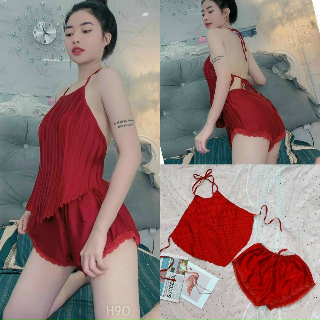 [Sẵn Ship Ngay] Set Đồ Ngủ Yếm Sexy Áo Cột Dây Dập Ly Quần Lụa Ren, Bộ Ngủ  Chất liệu Mát Lạnh Cực Mềm