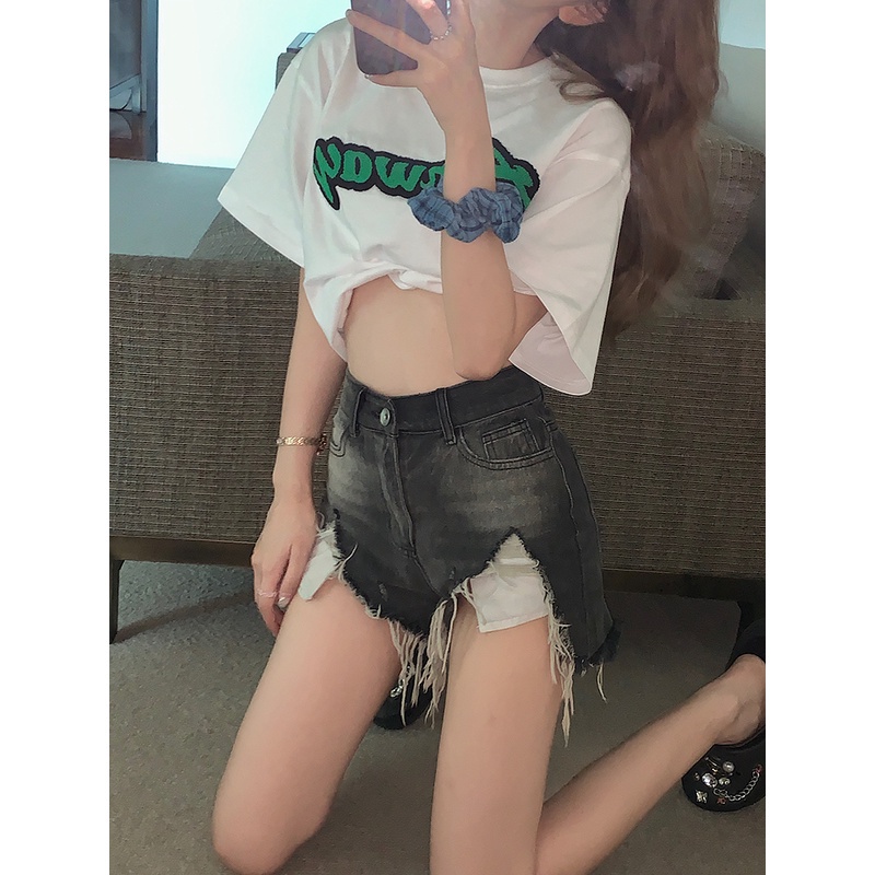 LALISAS Quần short denim lưng cao ôm dáng thời trang Hàn Quốc cho nữ