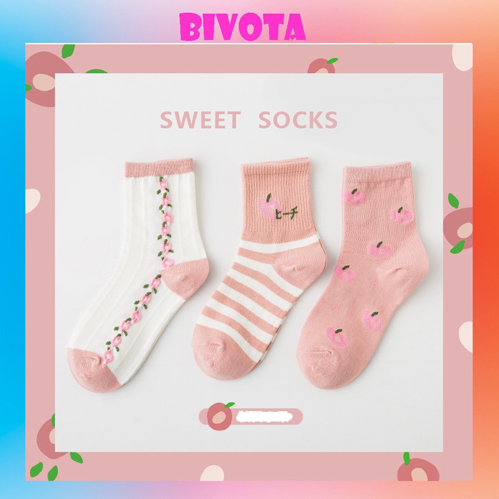 Set 3 đôi tất cổ cao Bivota vớ nữ hình quả đào hồng vintage cực xinh xắn T94