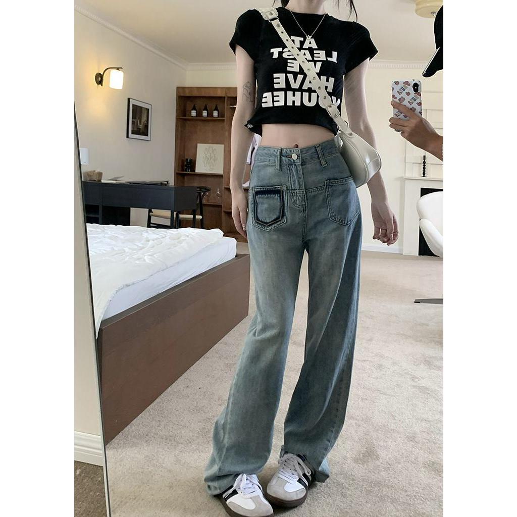 Quần Jean Ống Rộng Lưng Cao Có Túi Màu Sắc Tương Phản Phong Cách Thời Trang Mới 64186