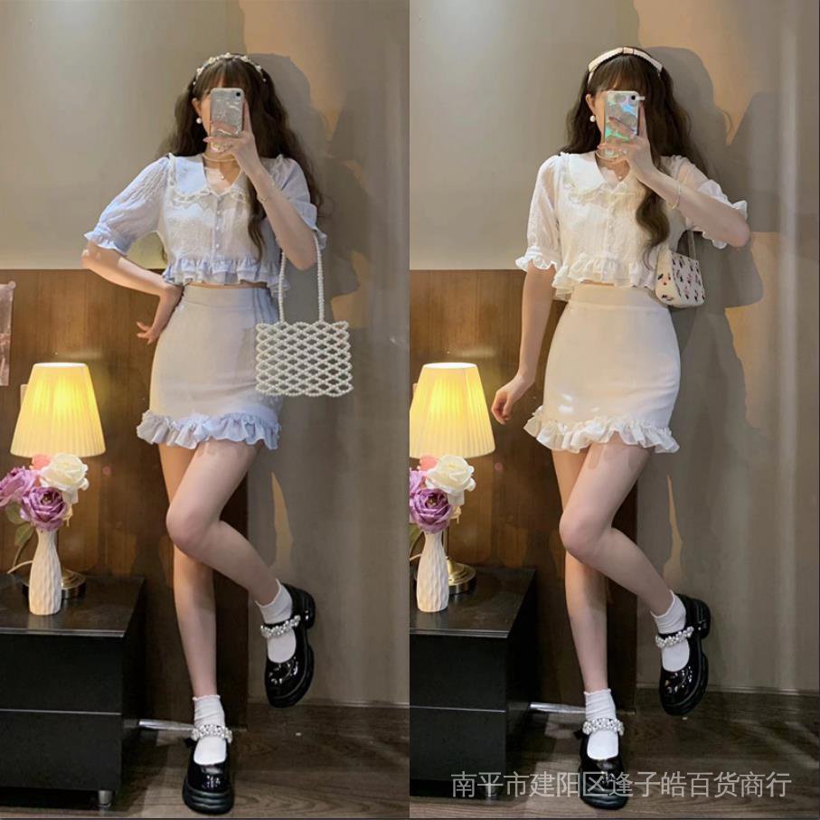 Suit women 2022 summer new gentle wind doll collar short shirt small man Hip Wrap Skirt two-piece set