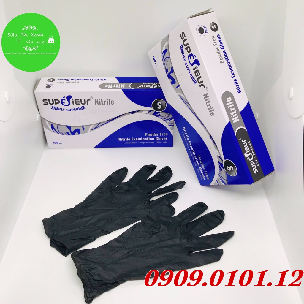 Găng tay y tế không bột chính hãng Vglove - Superieur (hộp 100 cái), bao tay đen phun xăm thực phẩm