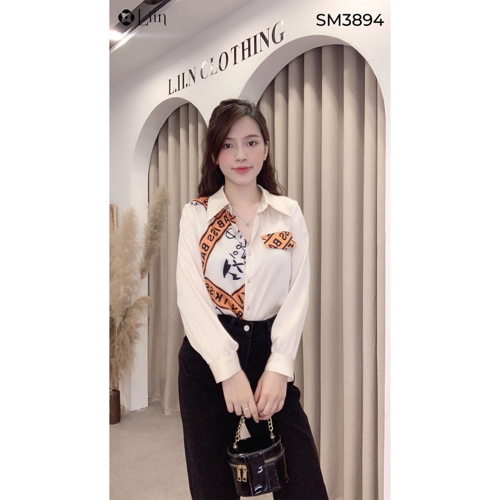 Áo Sơ Mi nữ màu Be mix Chữ kiểu dáng trẻ trung, dễ phối đồ Liin Clothing SM3894