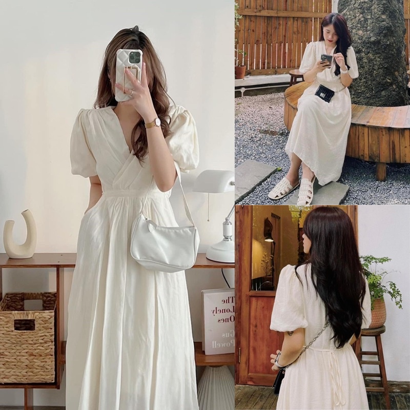 Váy đũi cổ V buộc eo sau Hàn Quốc