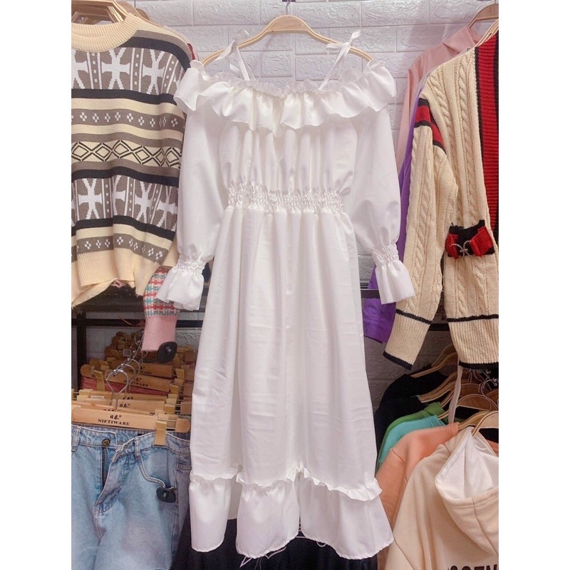 Váy trắng maxi Váy trễ vai 2 dây tay bồng chun eo mềm xếp tầng tiểu thư sang chảnh dành Đầm dây xòe vintage ulzzang | BigBuy360 - bigbuy360.vn