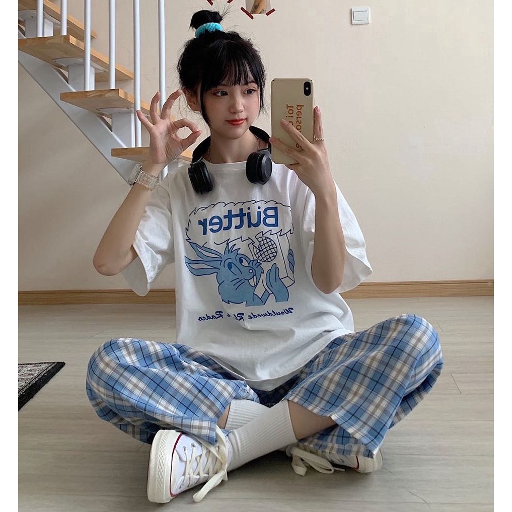 SUXI Quần Dài Nữ Ống Rộng Họa Tiết Caro Thời Trang Cá Tính