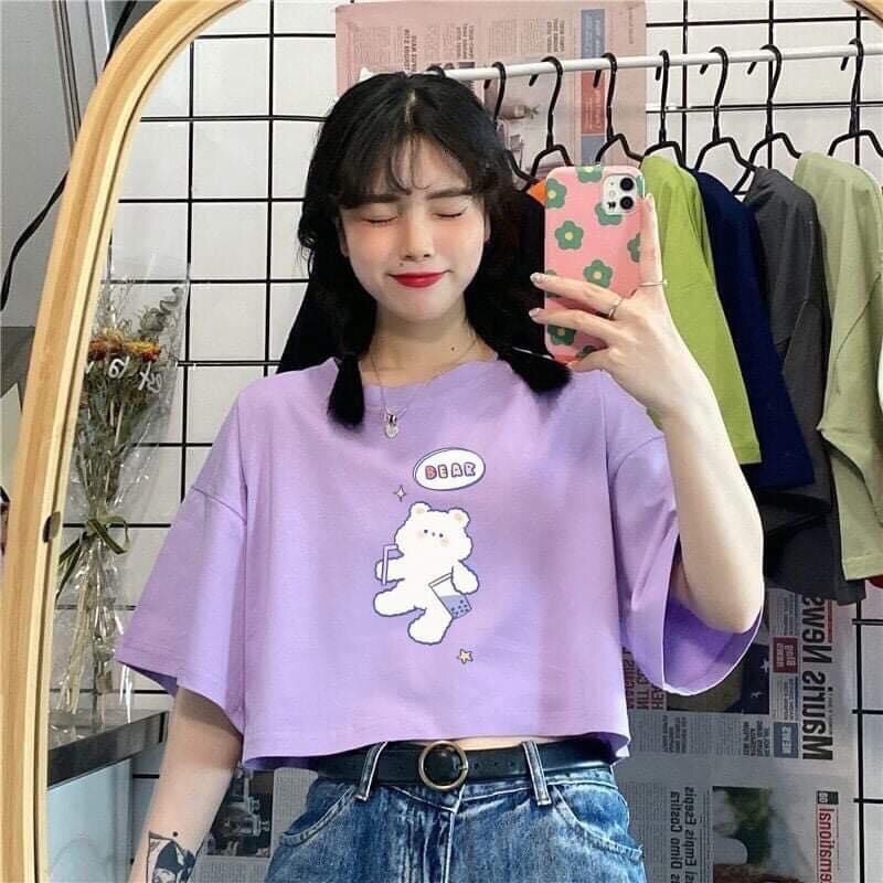 Áo croptop nữ tay ngắn in hình chú gấu Bear