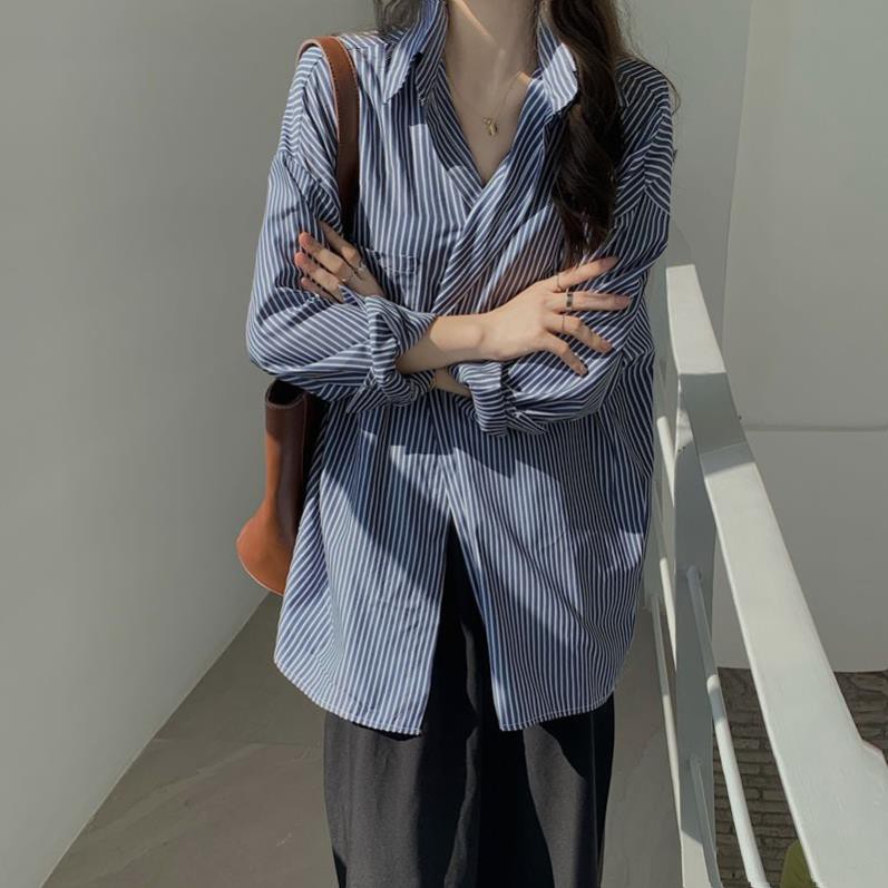 LEEVA - Áo sơ mi nữ tay dài kẻ sọc form rộng thời trang unisex A036 ྇