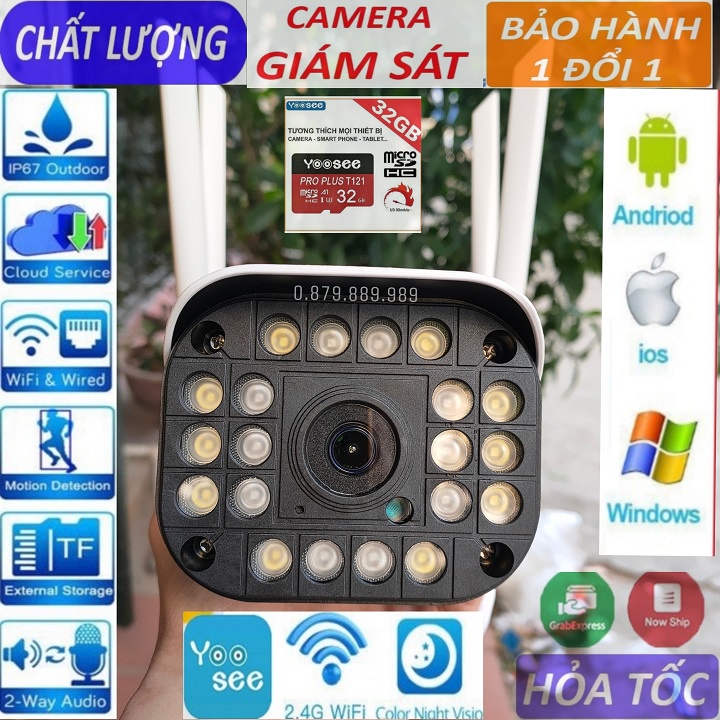 Camera yoosee ngoài trời thân 4 râu 20led đàm thoại 2 chiều, chịu nắng mưa, có màu ban đêm